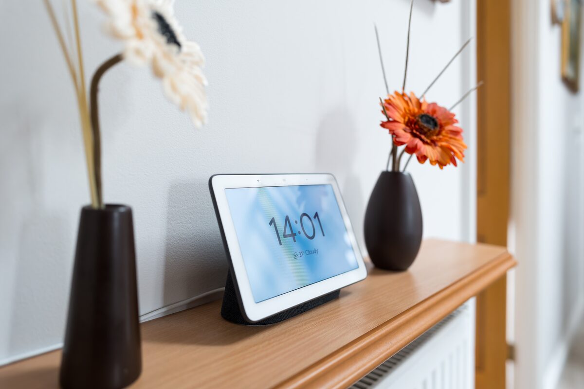 A smart display on a table in a home